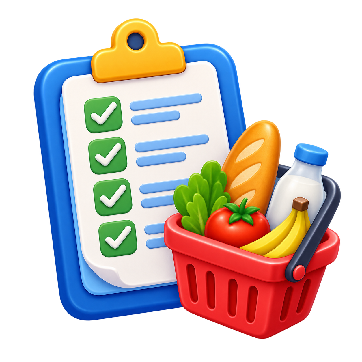 Lista de la compra con una cesta de alimentos