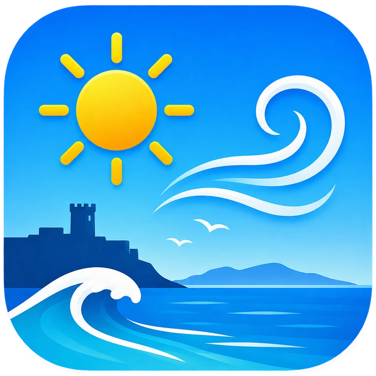 Icono del tiempo en Tarifa con sol, viento, mar, castillo y gaviotas